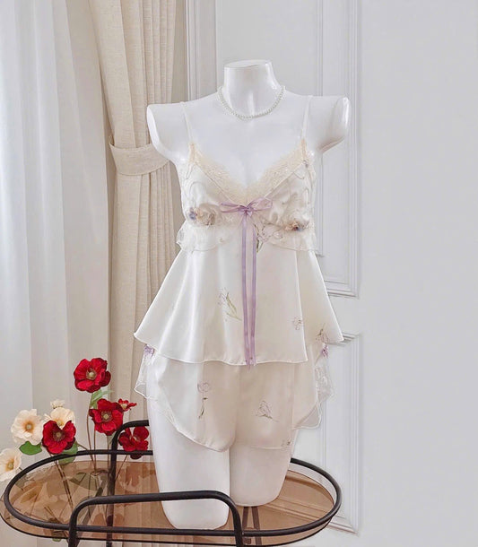Set Đồ Ngủ 2 Dây Quần Đùi Tím Trắng
