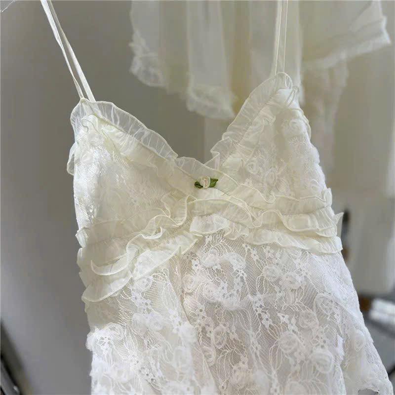 Set Đồ Ngủ 2 Dây Đùi Voan Trắng