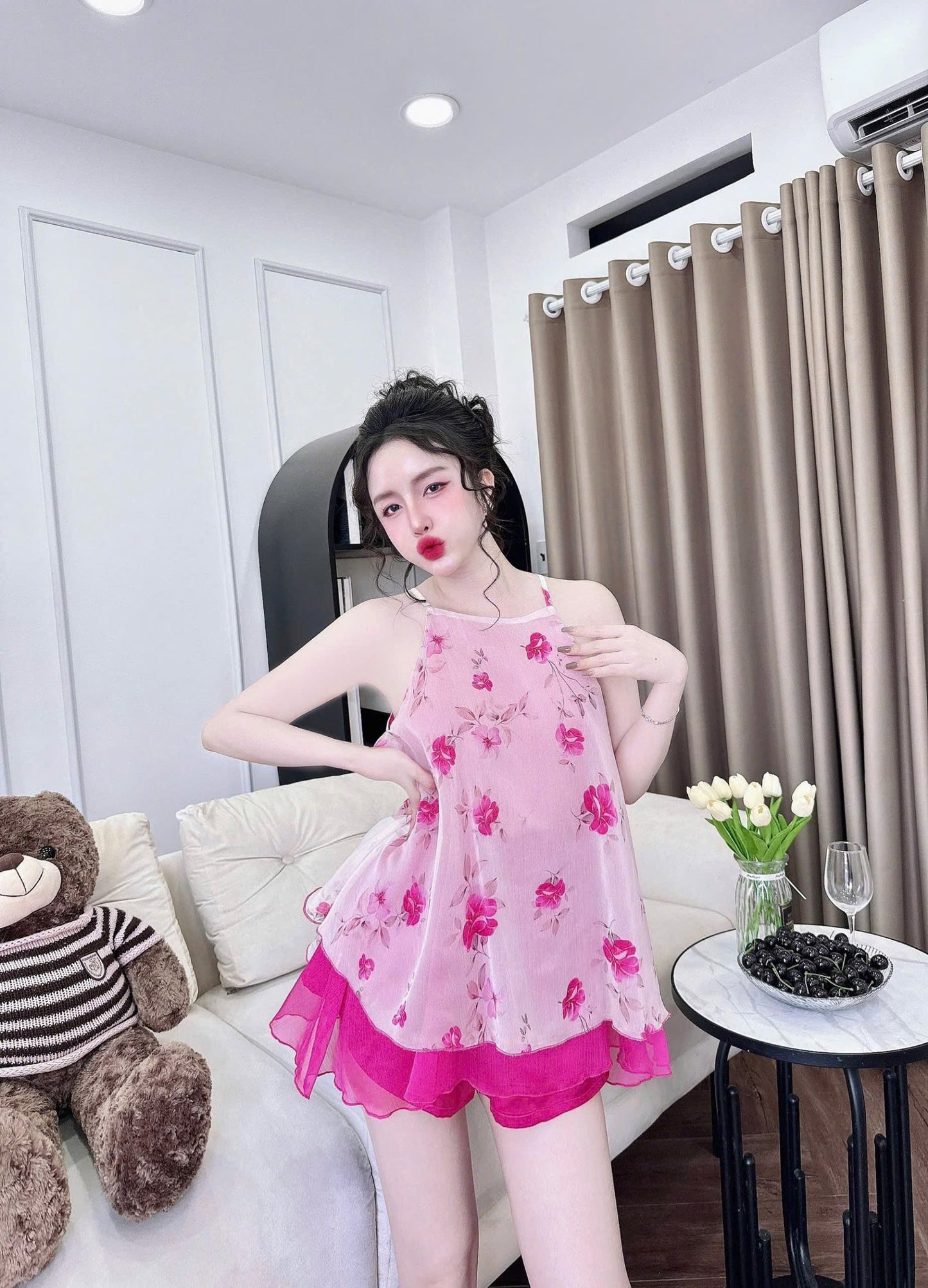 Set Yếm Voan Tơ 2 Lớp Quần Lụa Latin Cao Cấp