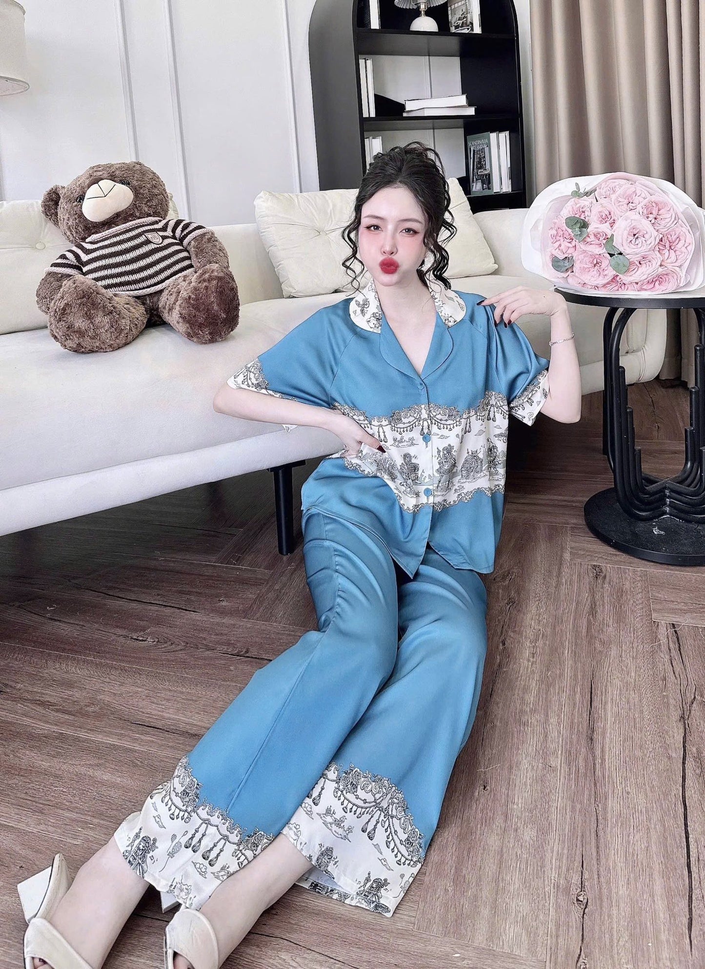 Pijama Tay Ngắn Quần Dài Raglan Nút Bọc
