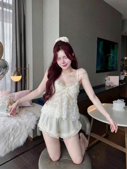 Set Đồ Ngủ 2 Dây Đùi Voan Trắng