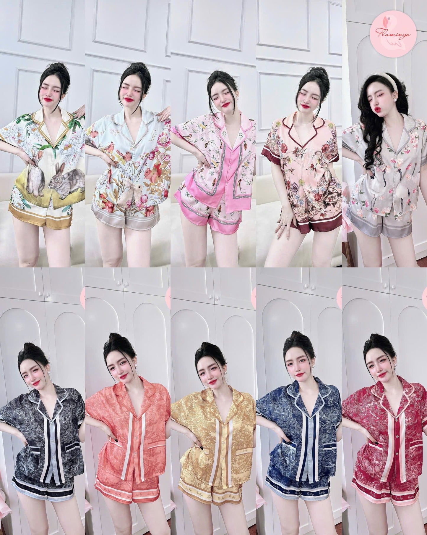 Pijama Đùi Raglan Lụa Latin Flamingo