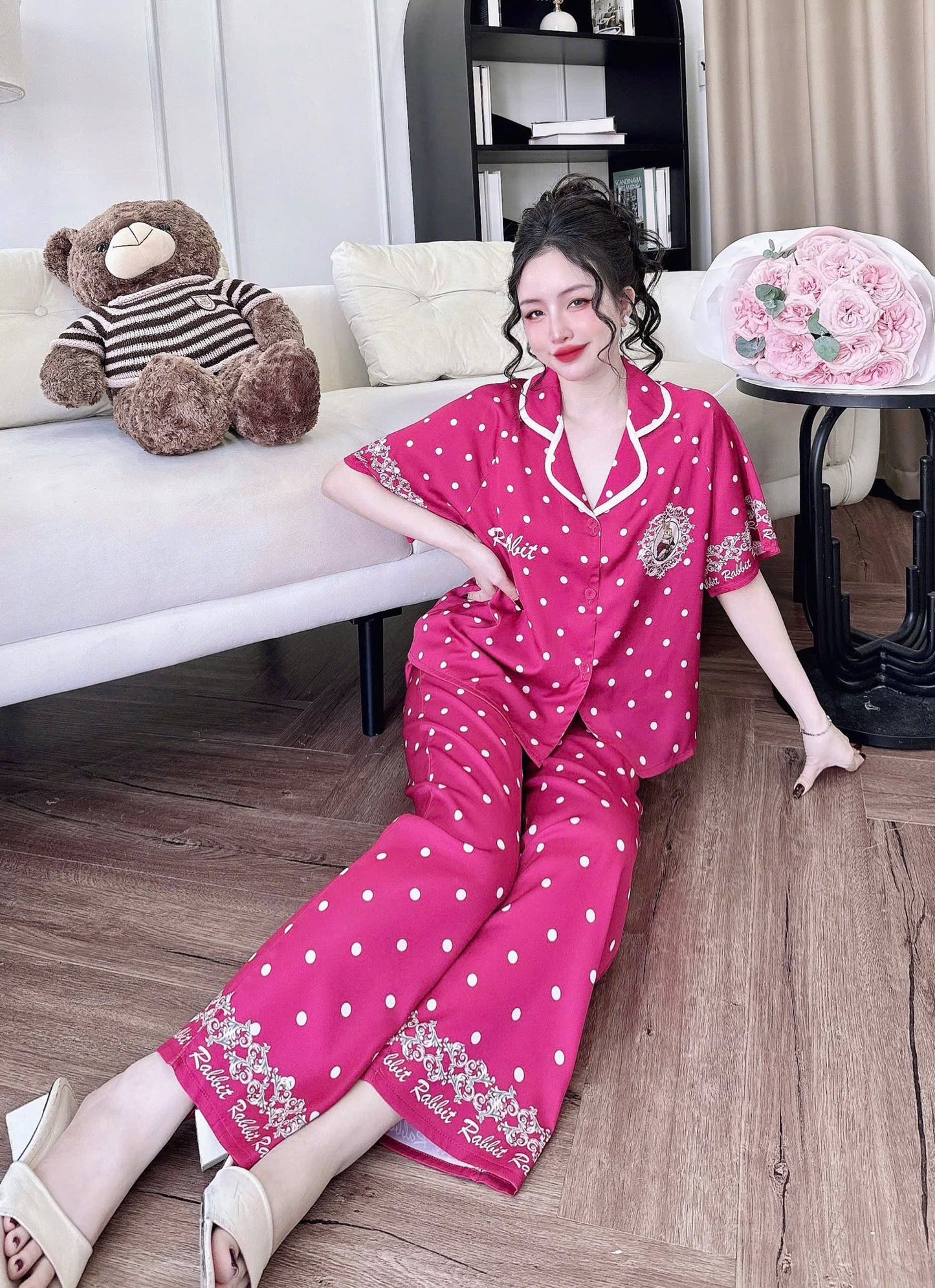Pijama Tay Ngắn Quần Dài Raglan Nút Bọc