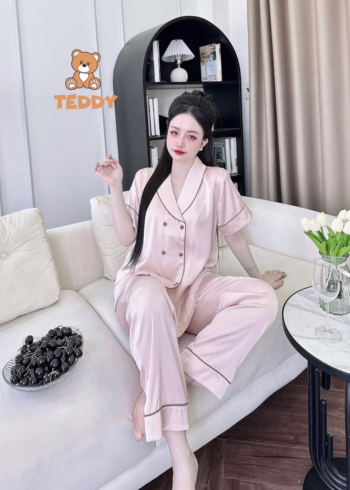 Pijama tay ngắn quần dài Teddy trơn cao cấp