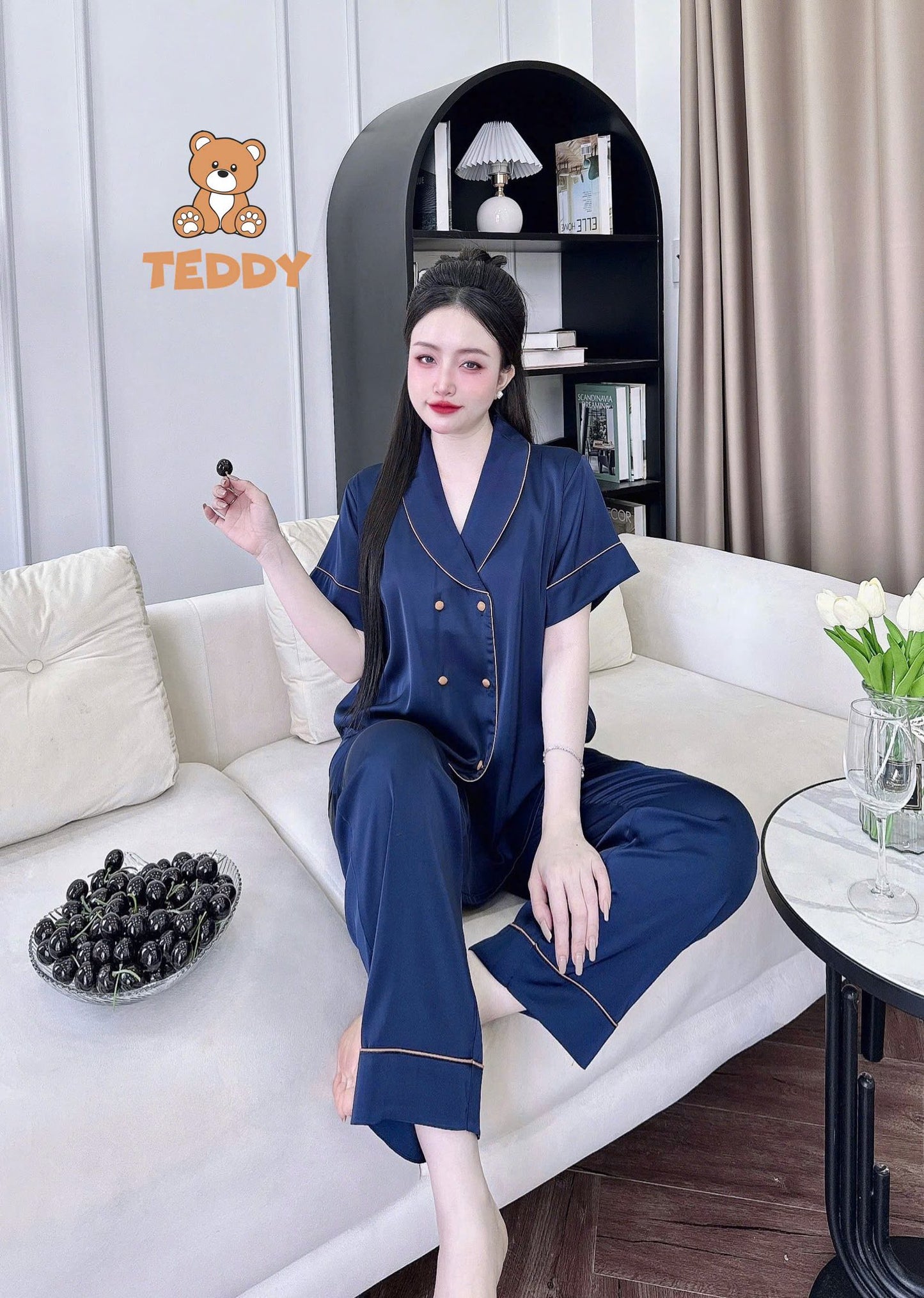 Pijama tay ngắn quần dài Teddy trơn cao cấp