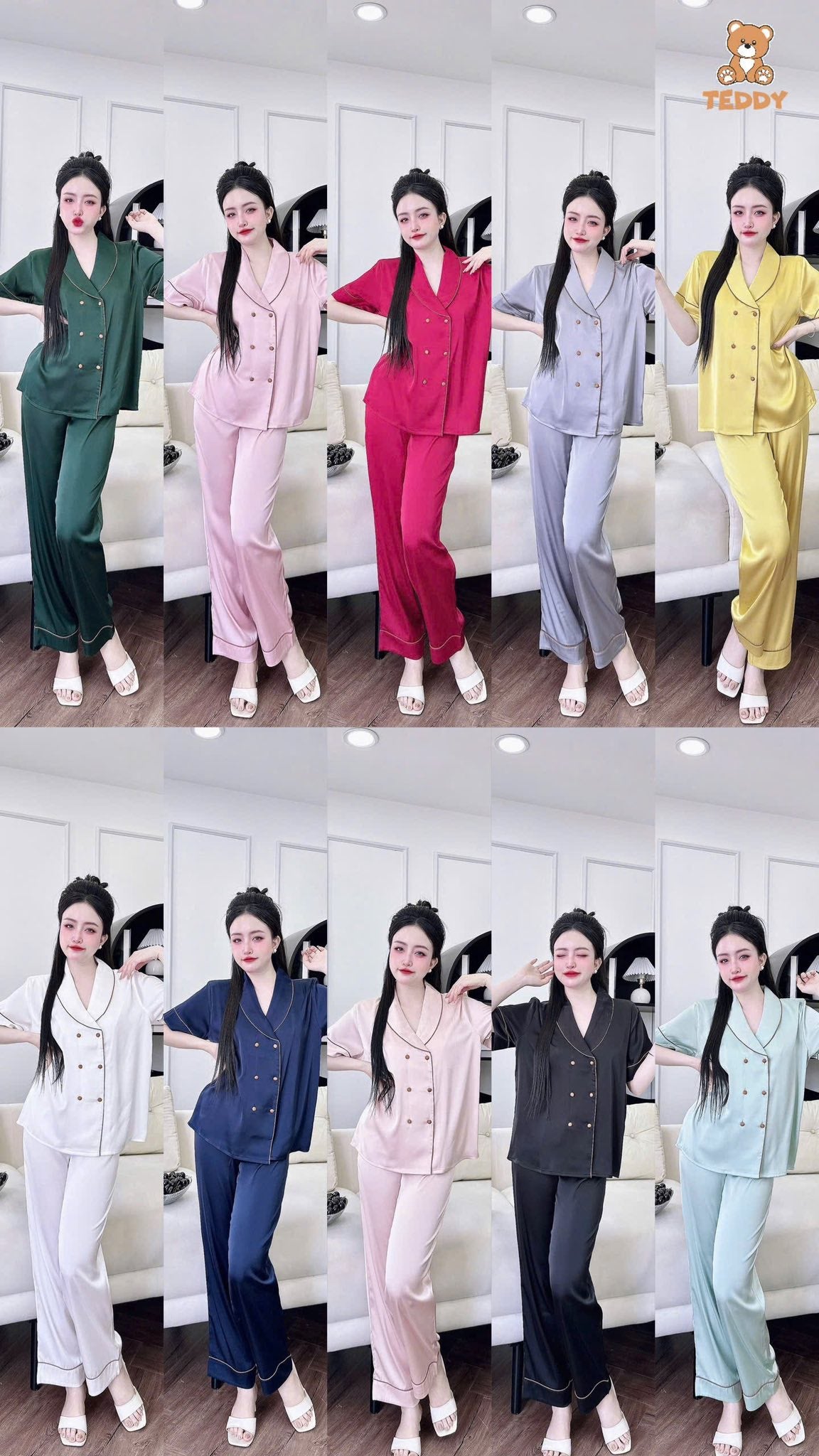 Pijama tay ngắn quần dài Teddy trơn cao cấp