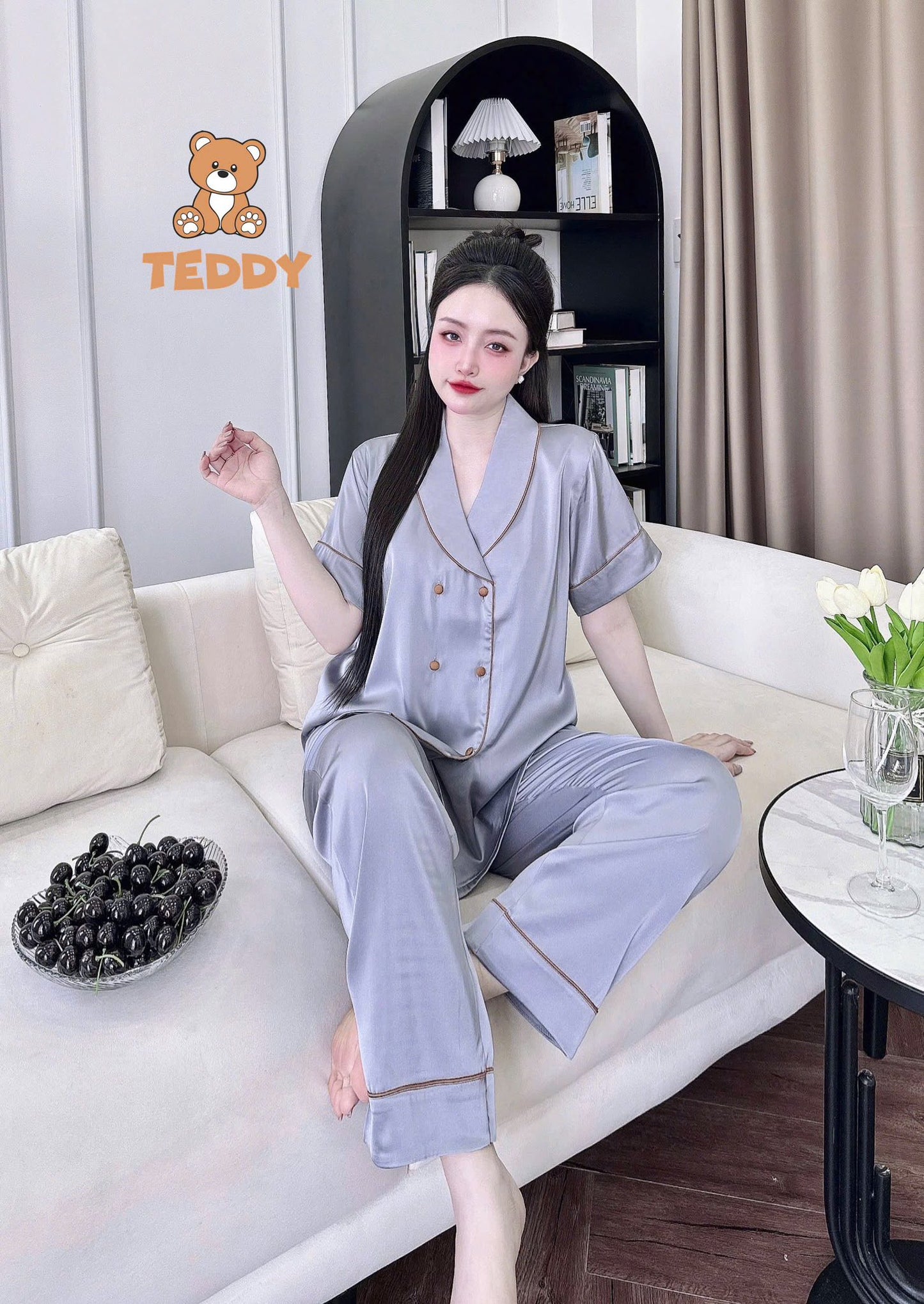 Pijama tay ngắn quần dài Teddy trơn cao cấp