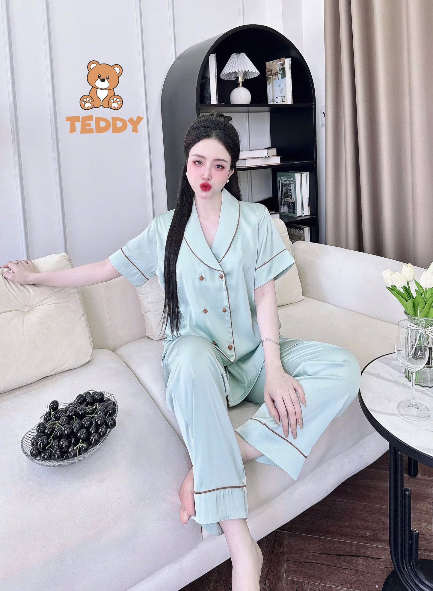 Pijama tay ngắn quần dài Teddy trơn cao cấp
