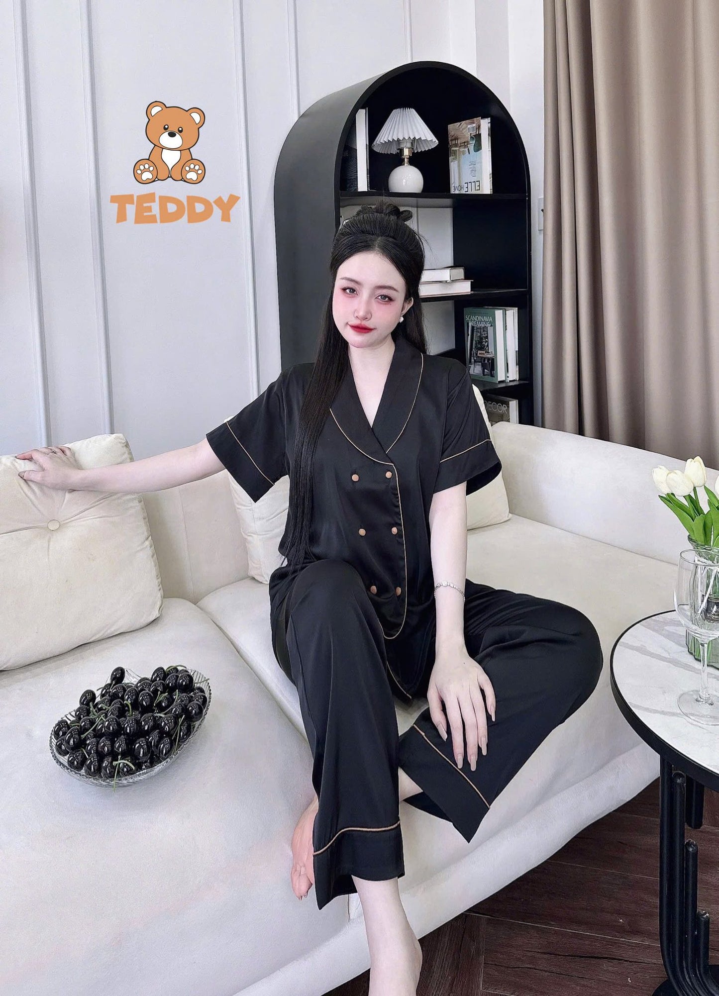 Pijama tay ngắn quần dài Teddy trơn cao cấp