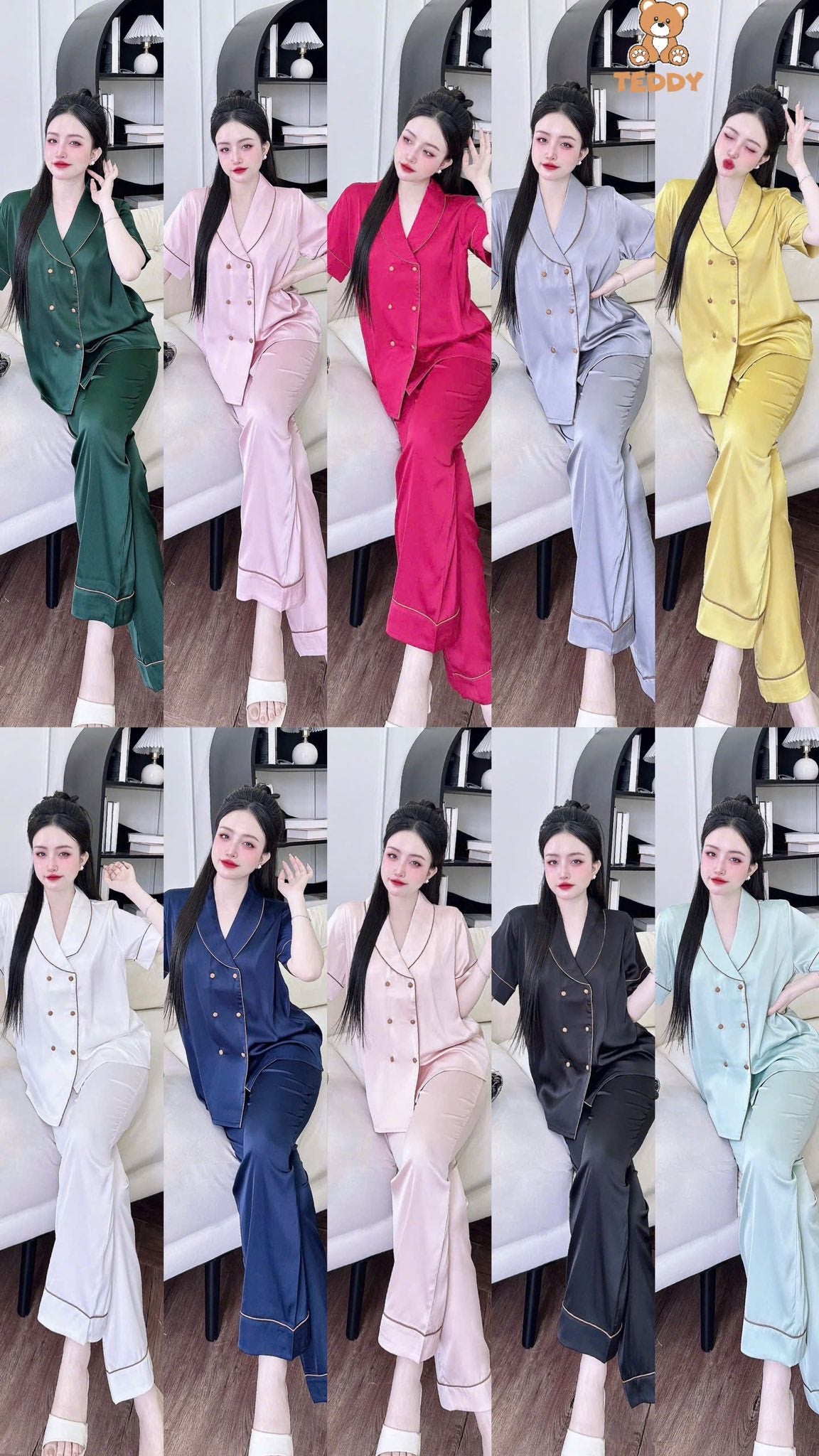 Pijama tay ngắn quần dài Teddy trơn cao cấp