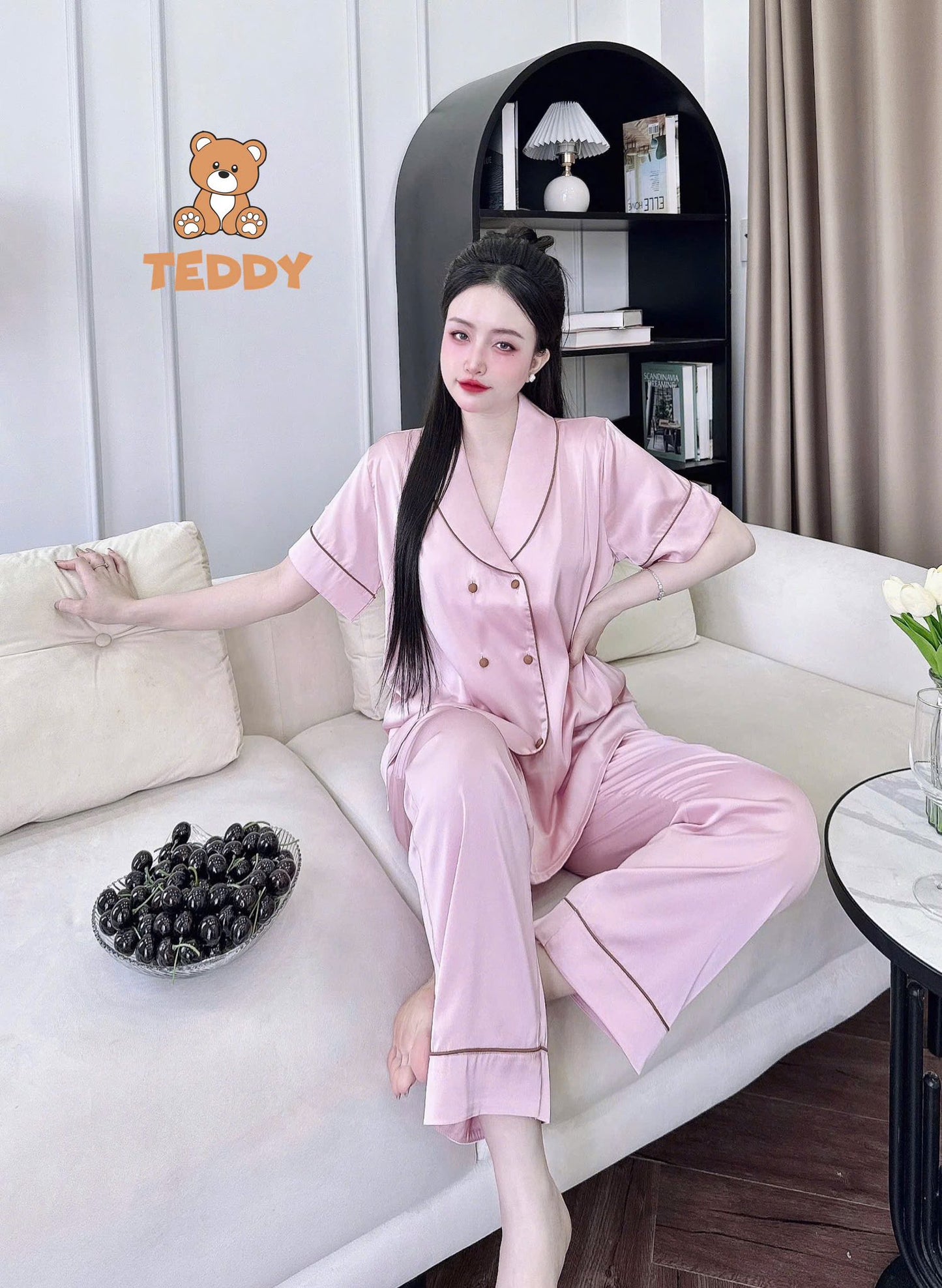 Pijama tay ngắn quần dài Teddy trơn cao cấp