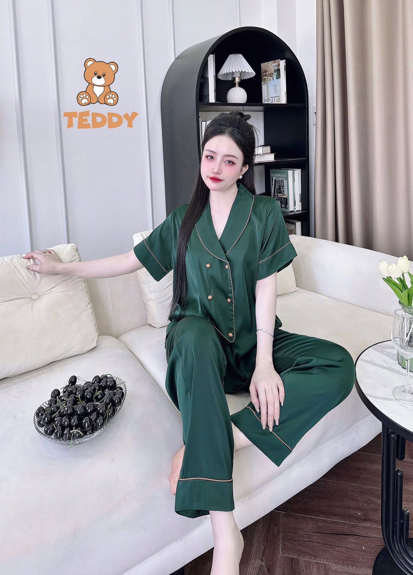 Pijama tay ngắn quần dài Teddy trơn cao cấp