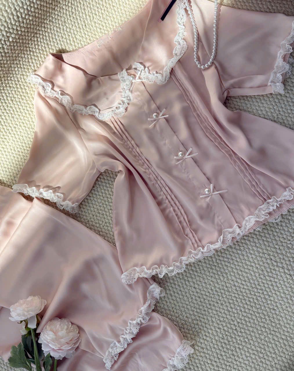 Pijama tay ngắn quần dài phối ren nơ tiểu thư 6 màu