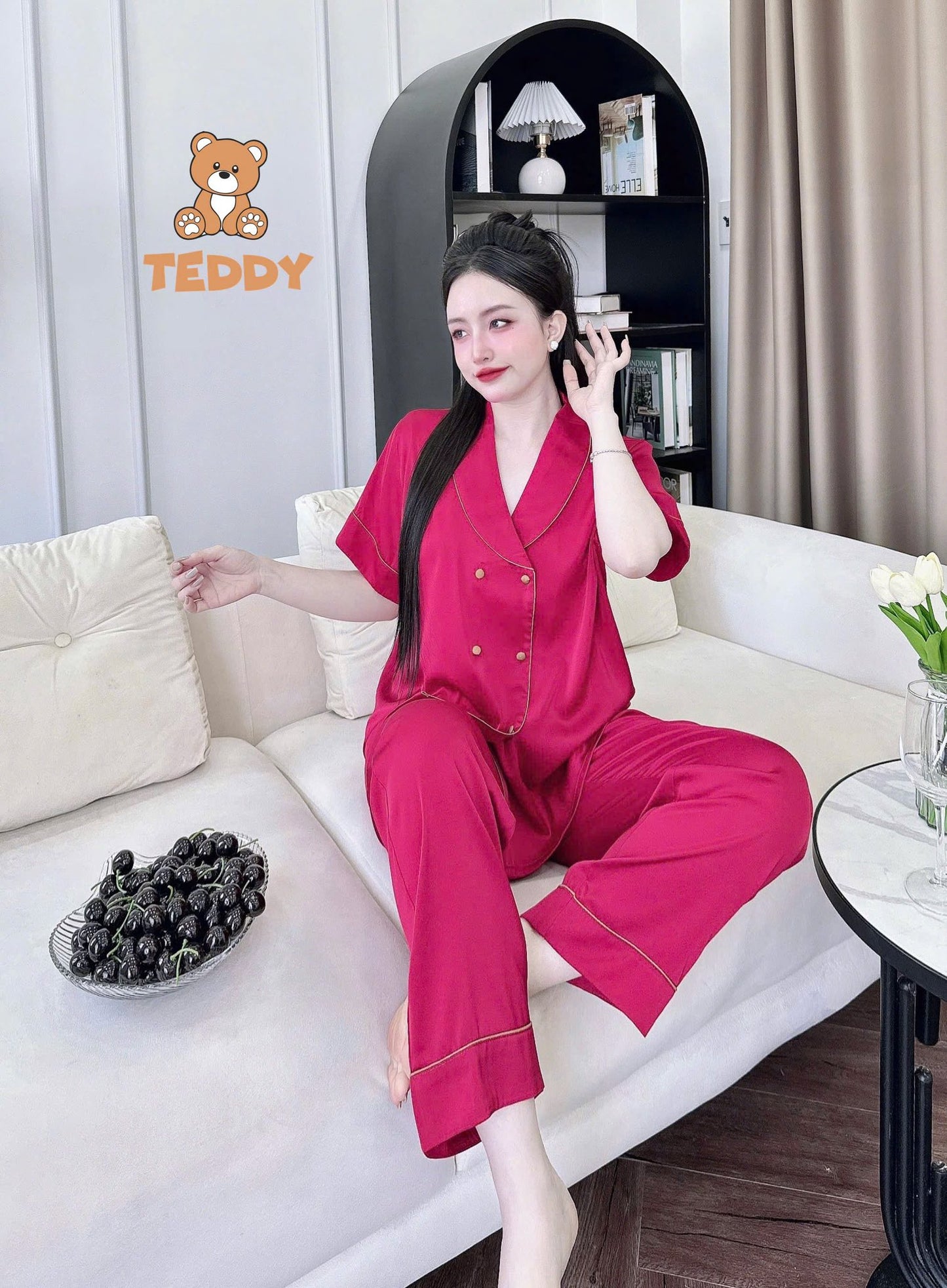 Pijama tay ngắn quần dài Teddy trơn cao cấp