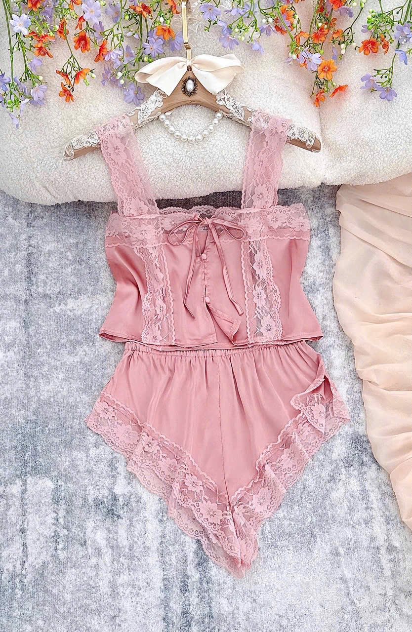 Bộ ngủ 2 dây lụa phối ren quần đùi tam giác nhiều màu