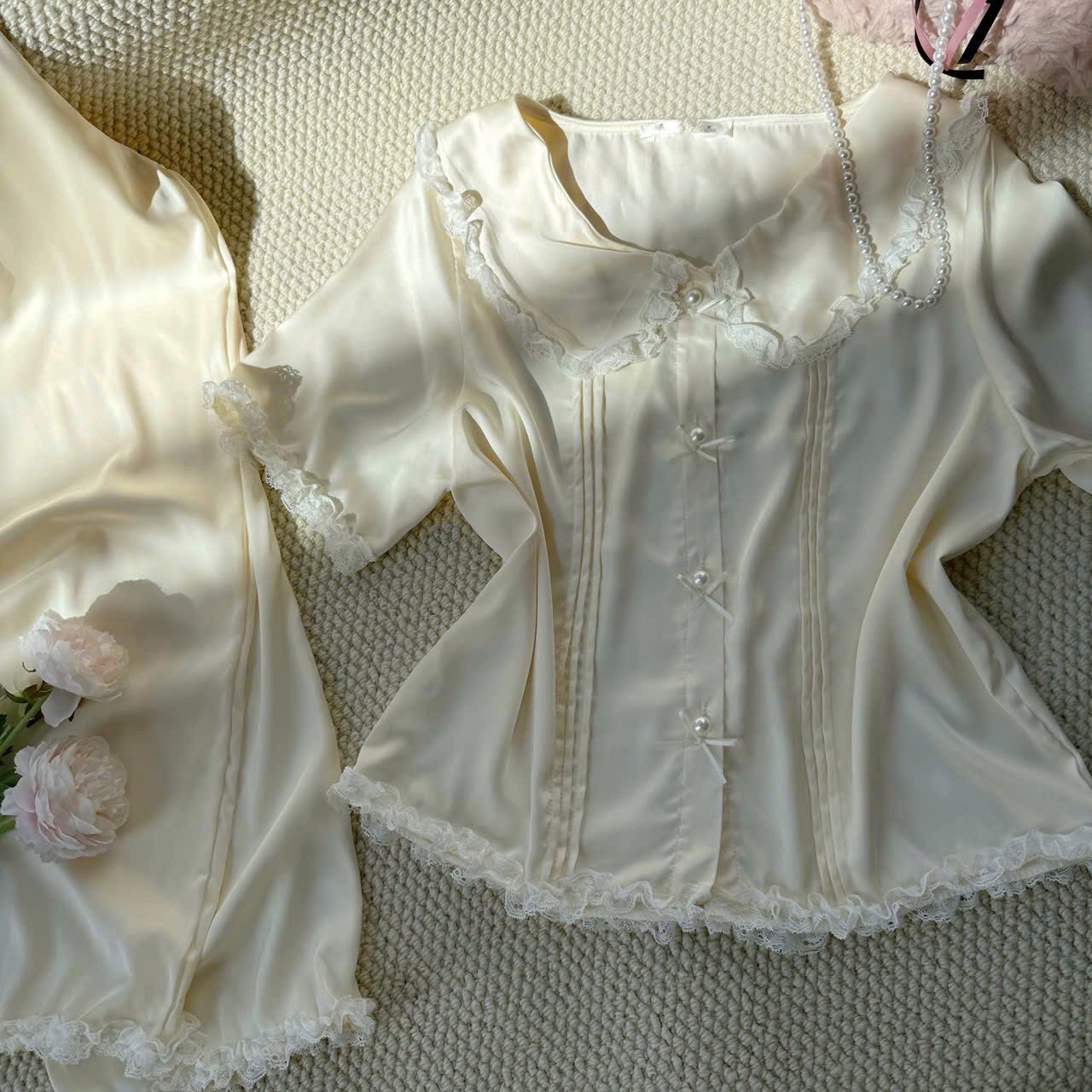 Pijama tay ngắn quần dài phối ren nơ tiểu thư 6 màu