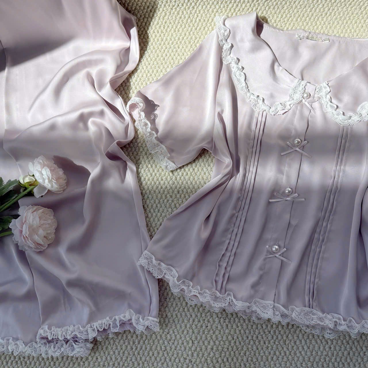 Pijama tay ngắn quần dài phối ren nơ tiểu thư 6 màu