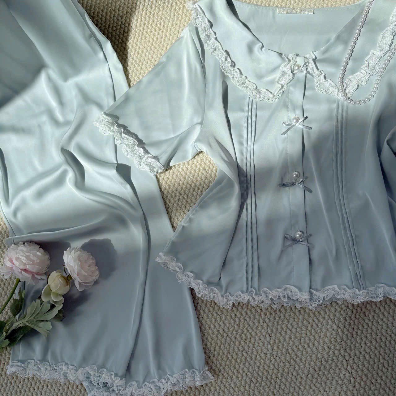 Pijama tay ngắn quần dài phối ren nơ tiểu thư 6 màu