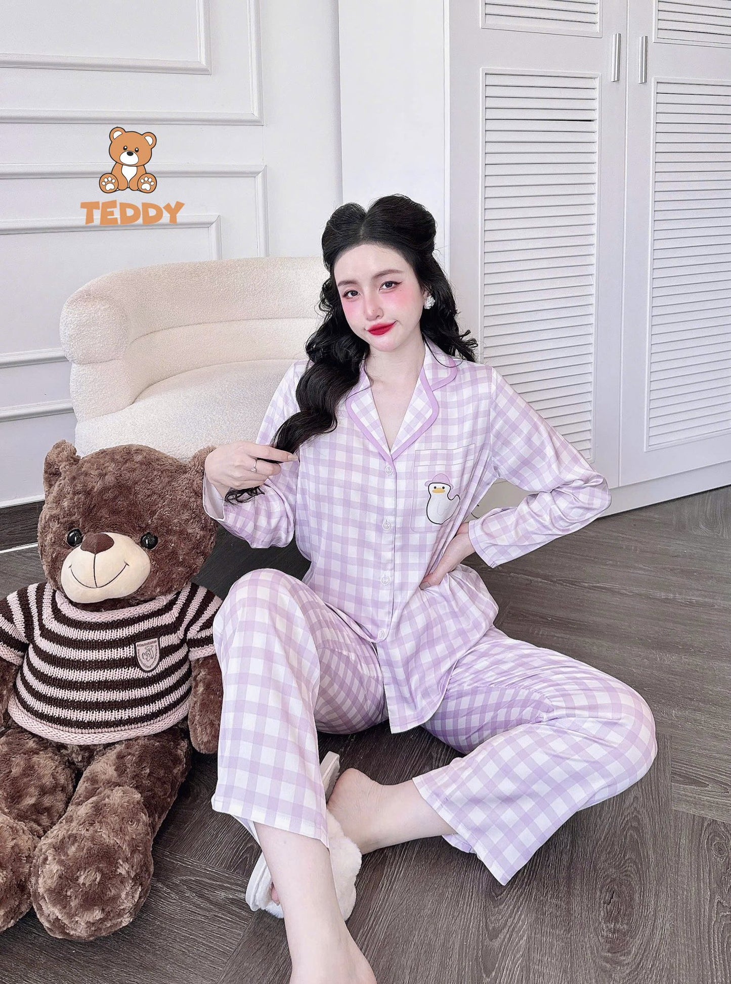 Pijama dài Teddy truyền thống caro, kẻ sọc hoạt hình