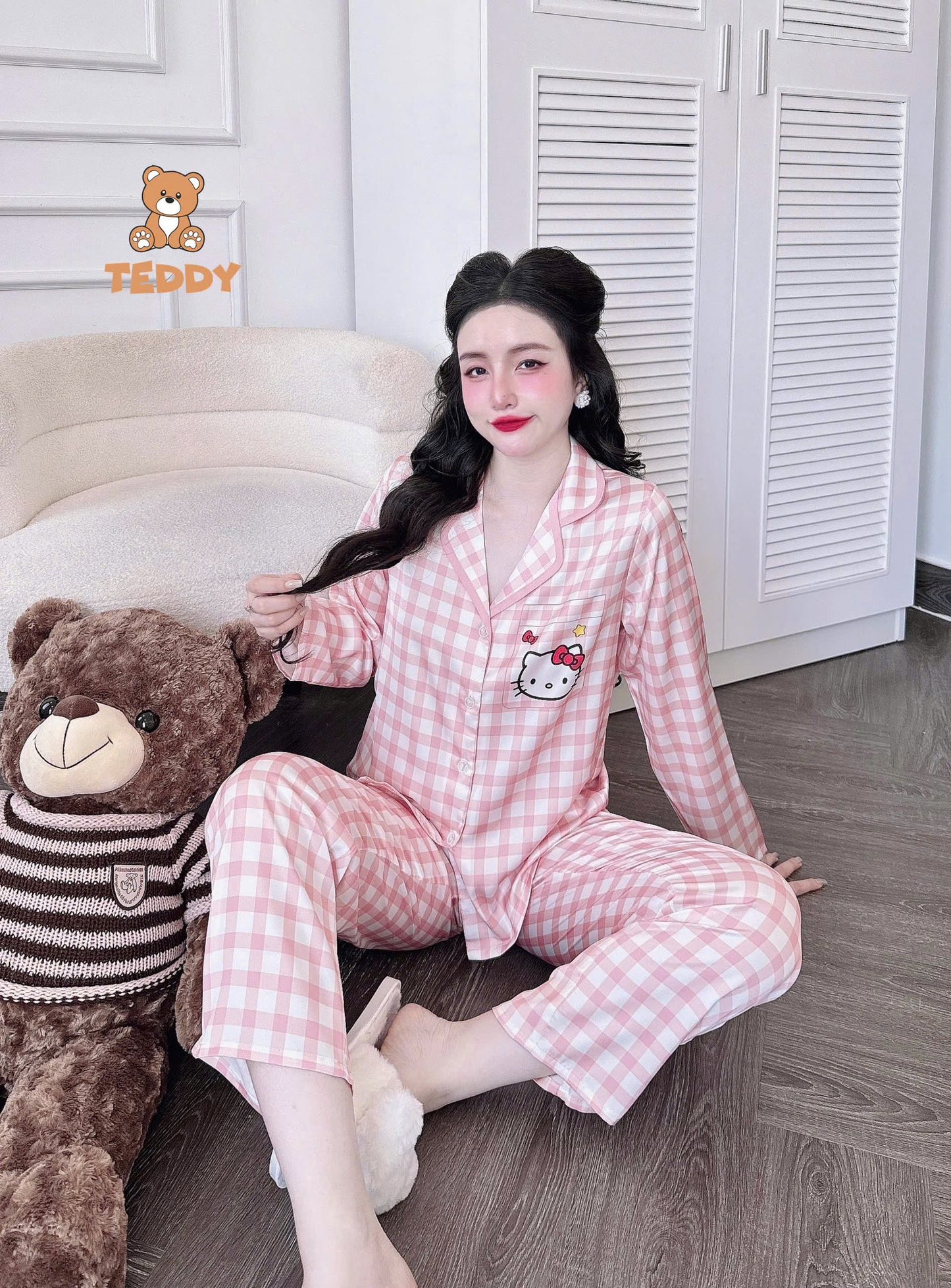 Pijama dài Teddy truyền thống caro, kẻ sọc hoạt hình