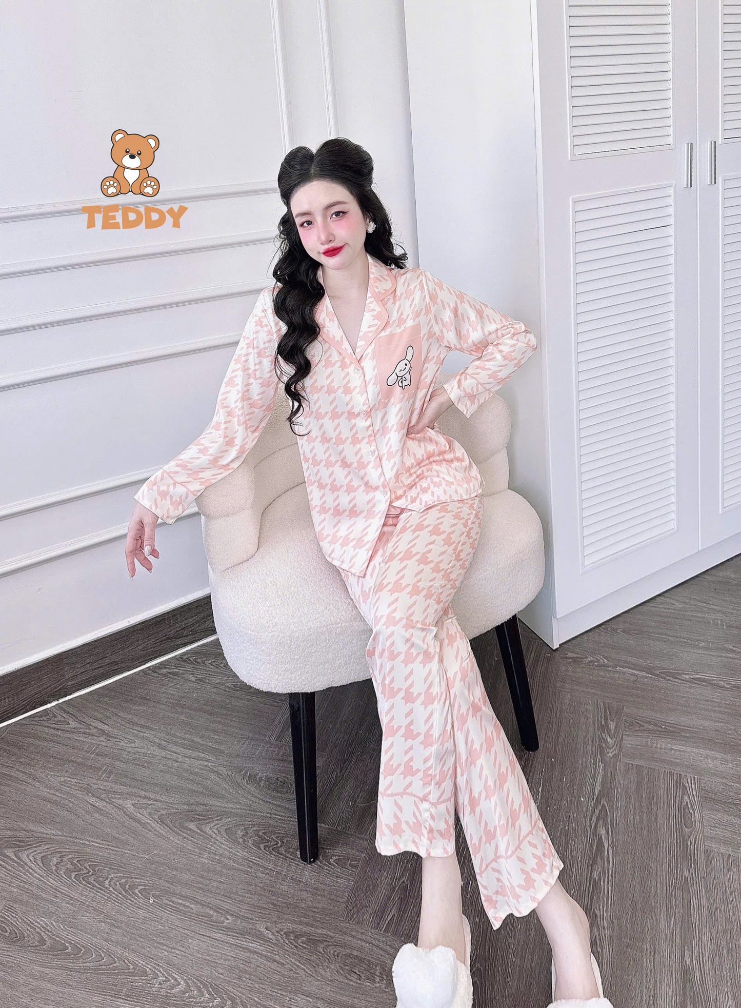 Pijama dài Teddy truyền thống caro, kẻ sọc hoạt hình