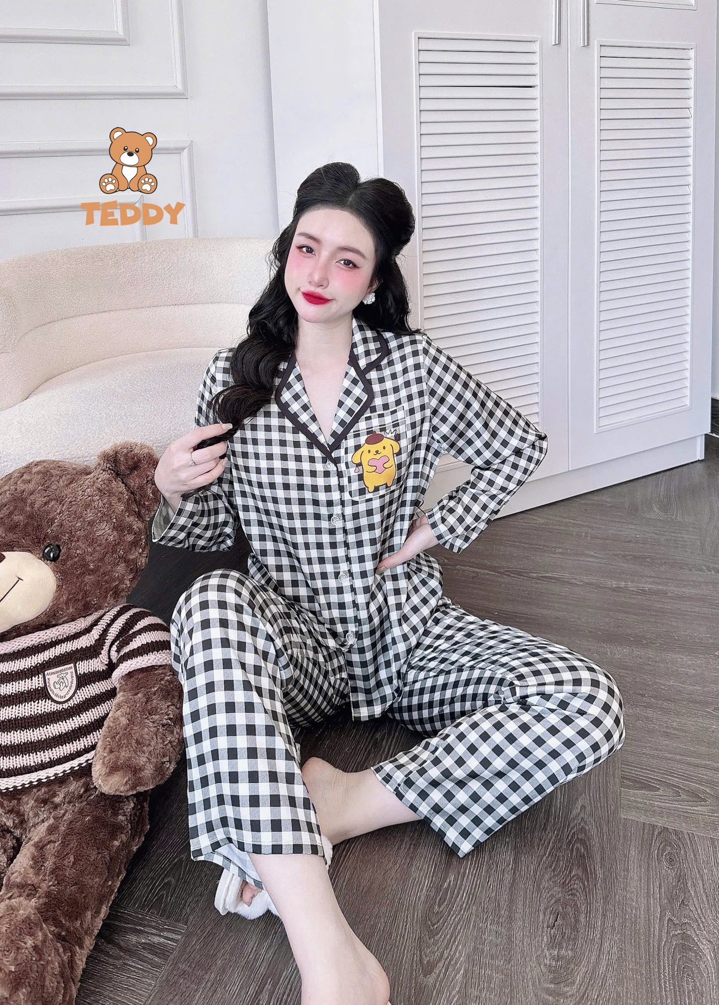 Pijama dài Teddy truyền thống caro, kẻ sọc hoạt hình