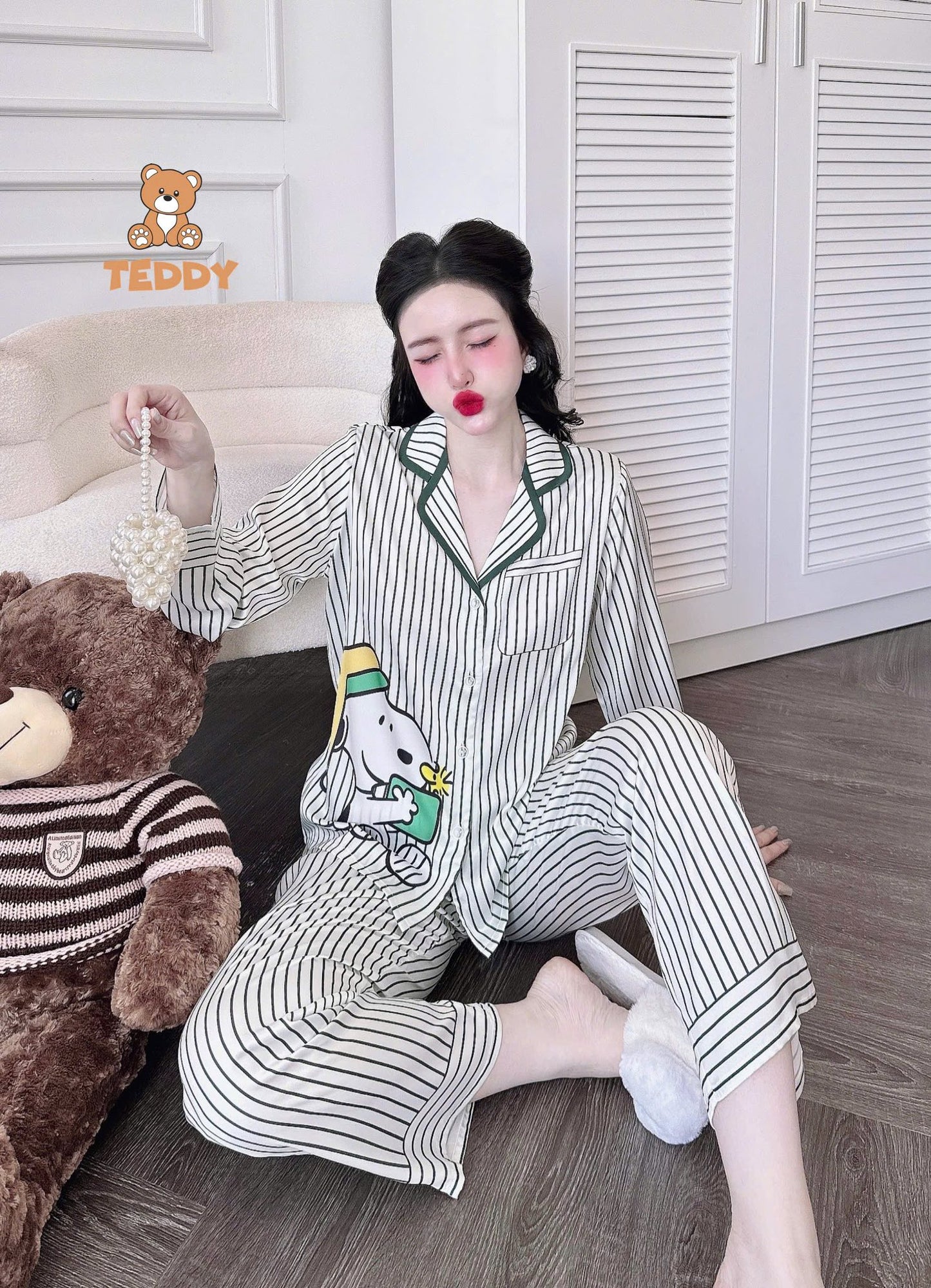 Pijama dài Teddy truyền thống caro, kẻ sọc hoạt hình