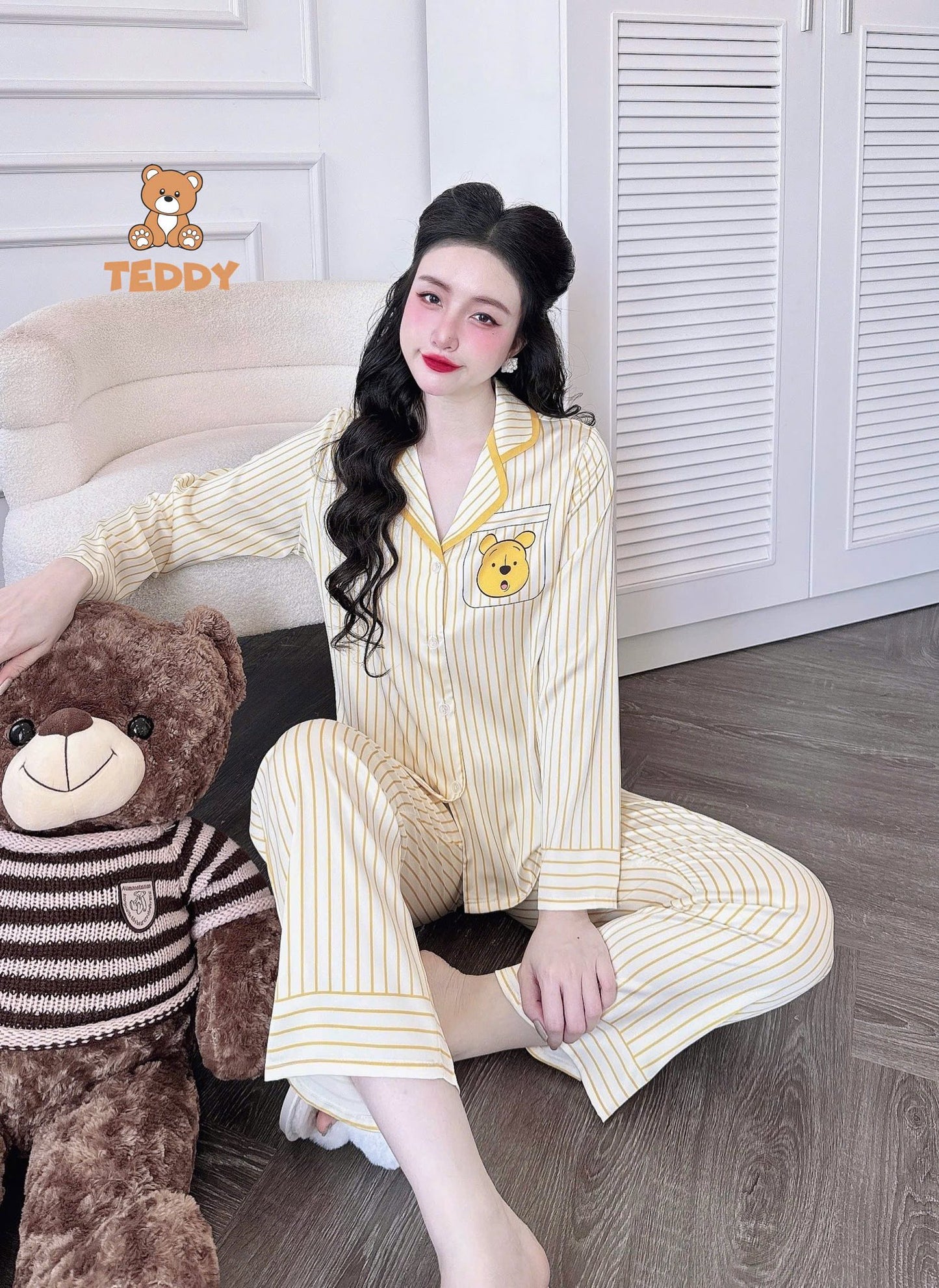 Pijama dài Teddy truyền thống caro, kẻ sọc hoạt hình