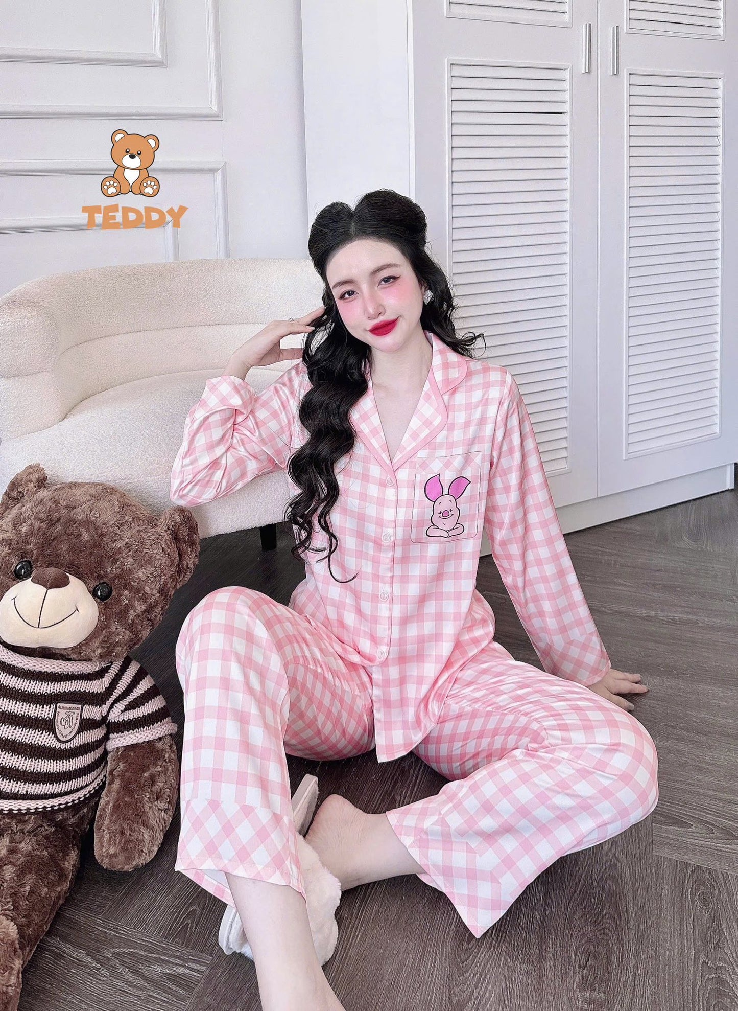 Pijama dài Teddy truyền thống caro, kẻ sọc hoạt hình