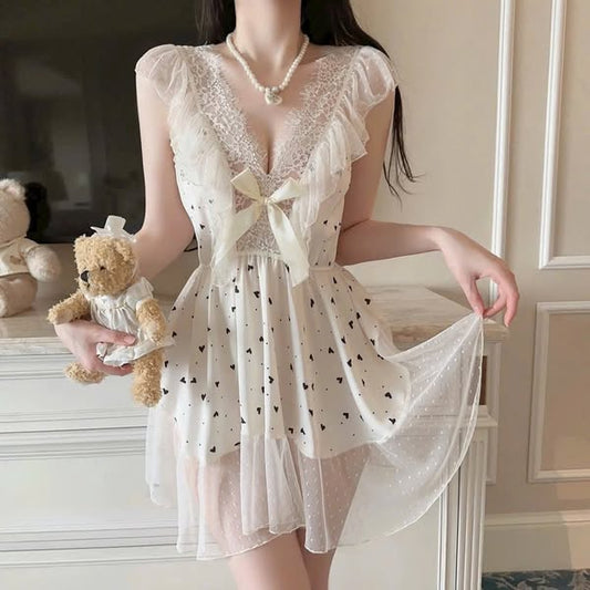 Đầm ngủ cổ V phối voan nơ tim quyến rũ