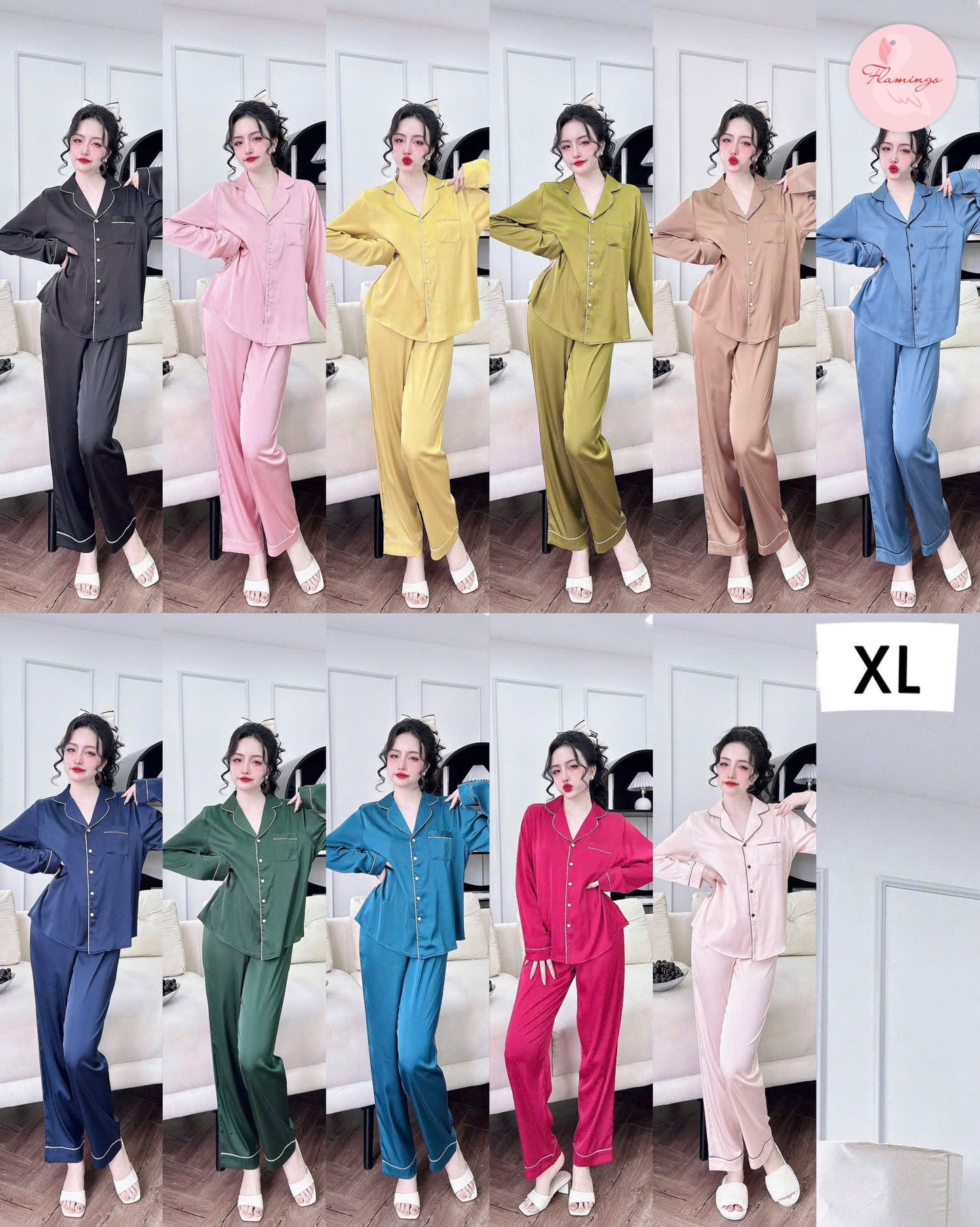 Pijama tay dài quần dài lụa latin trơn viền lụa