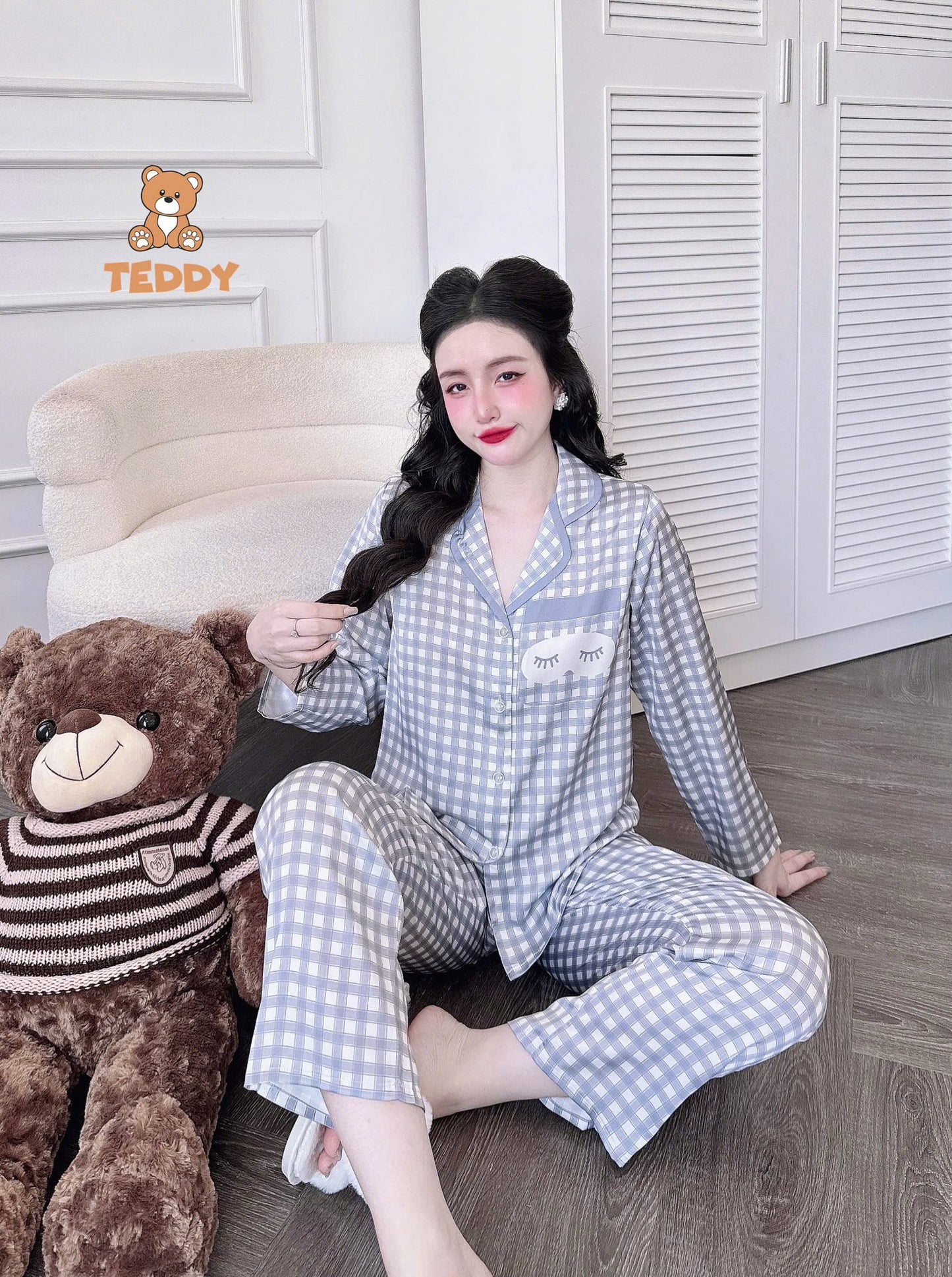 Pijama dài Teddy truyền thống caro, kẻ sọc hoạt hình