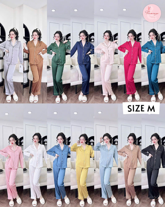 Pijama tay dài quần dài lụa latin trơn viền lụa