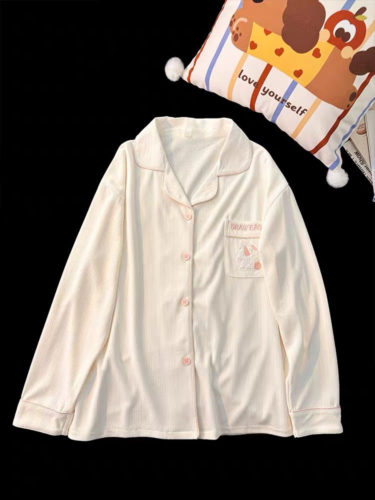 Pijama dài cotton màu kem hình thỏ