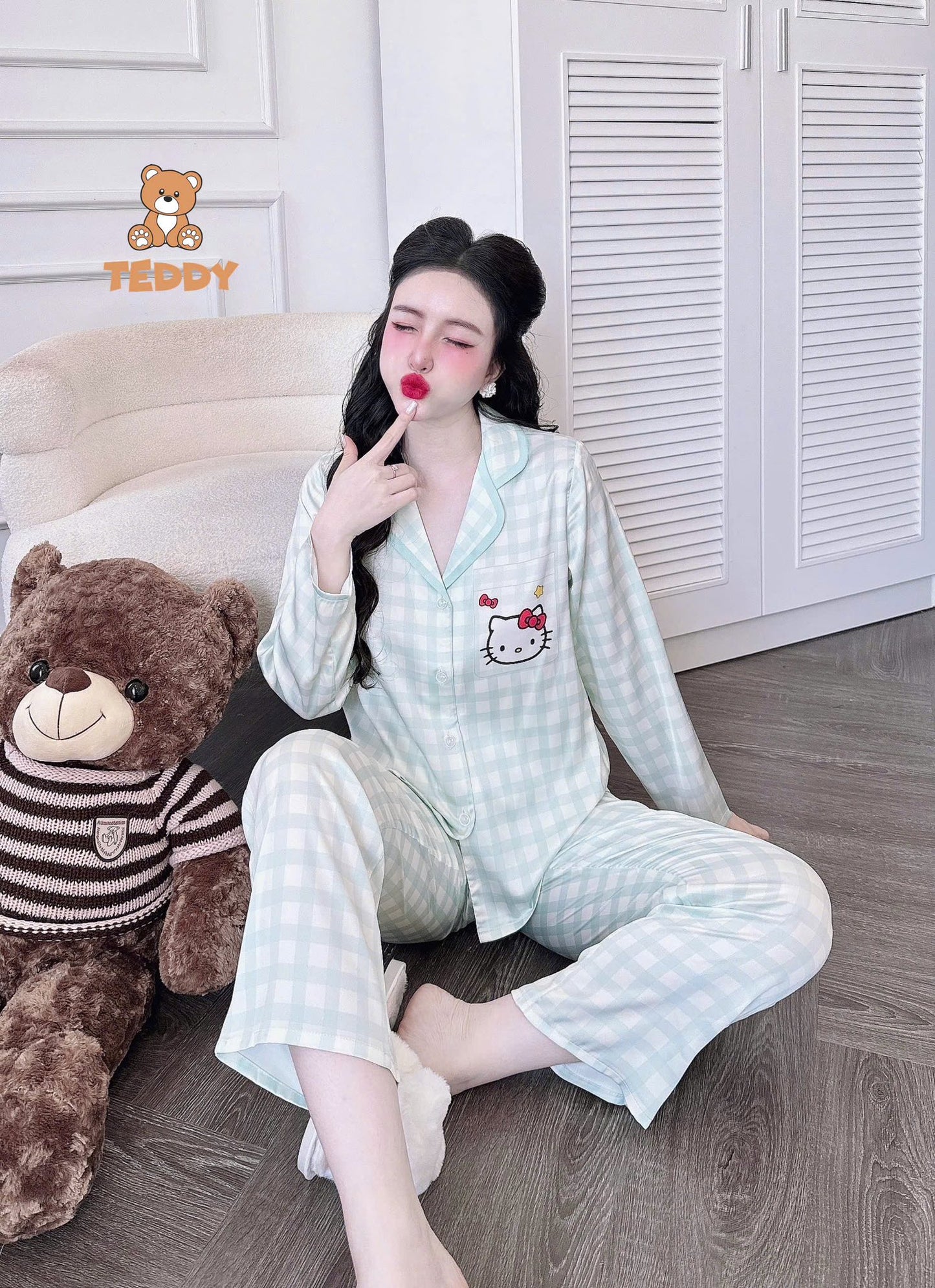 Pijama dài Teddy truyền thống caro, kẻ sọc hoạt hình
