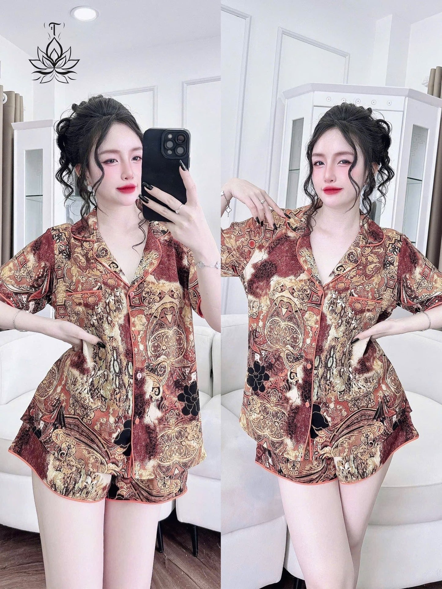 Bộ Pijama Đùi Ren Túi, Lụa Tơ Tằm Cao Cấp