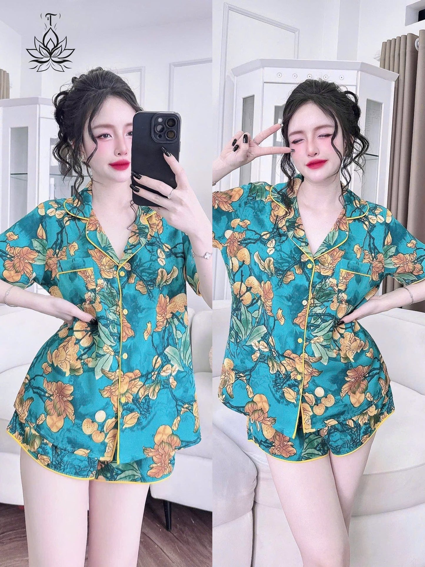 Bộ Pijama Đùi Ren Túi, Lụa Tơ Tằm Cao Cấp