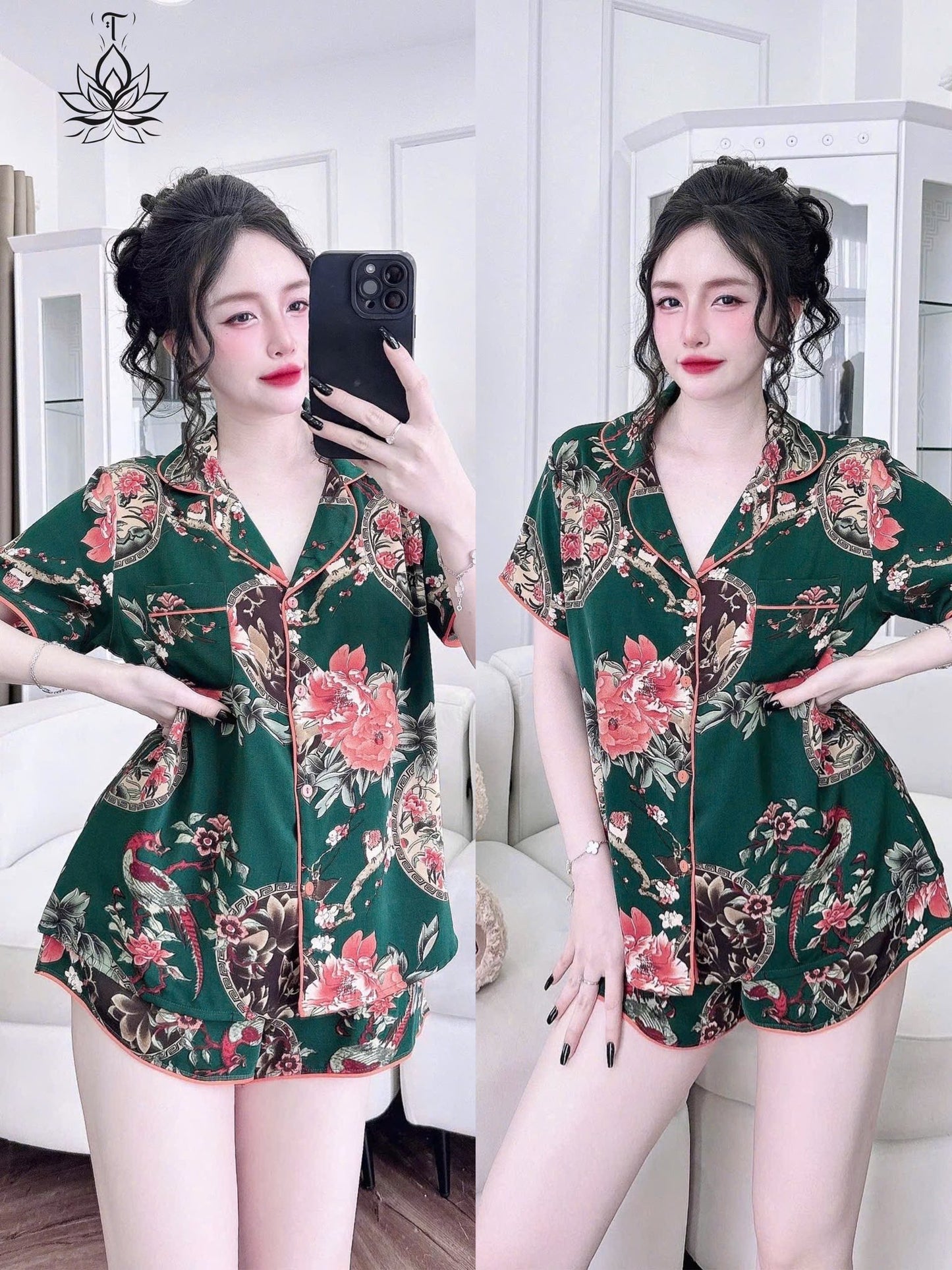 Bộ Pijama Đùi Ren Túi, Lụa Tơ Tằm Cao Cấp