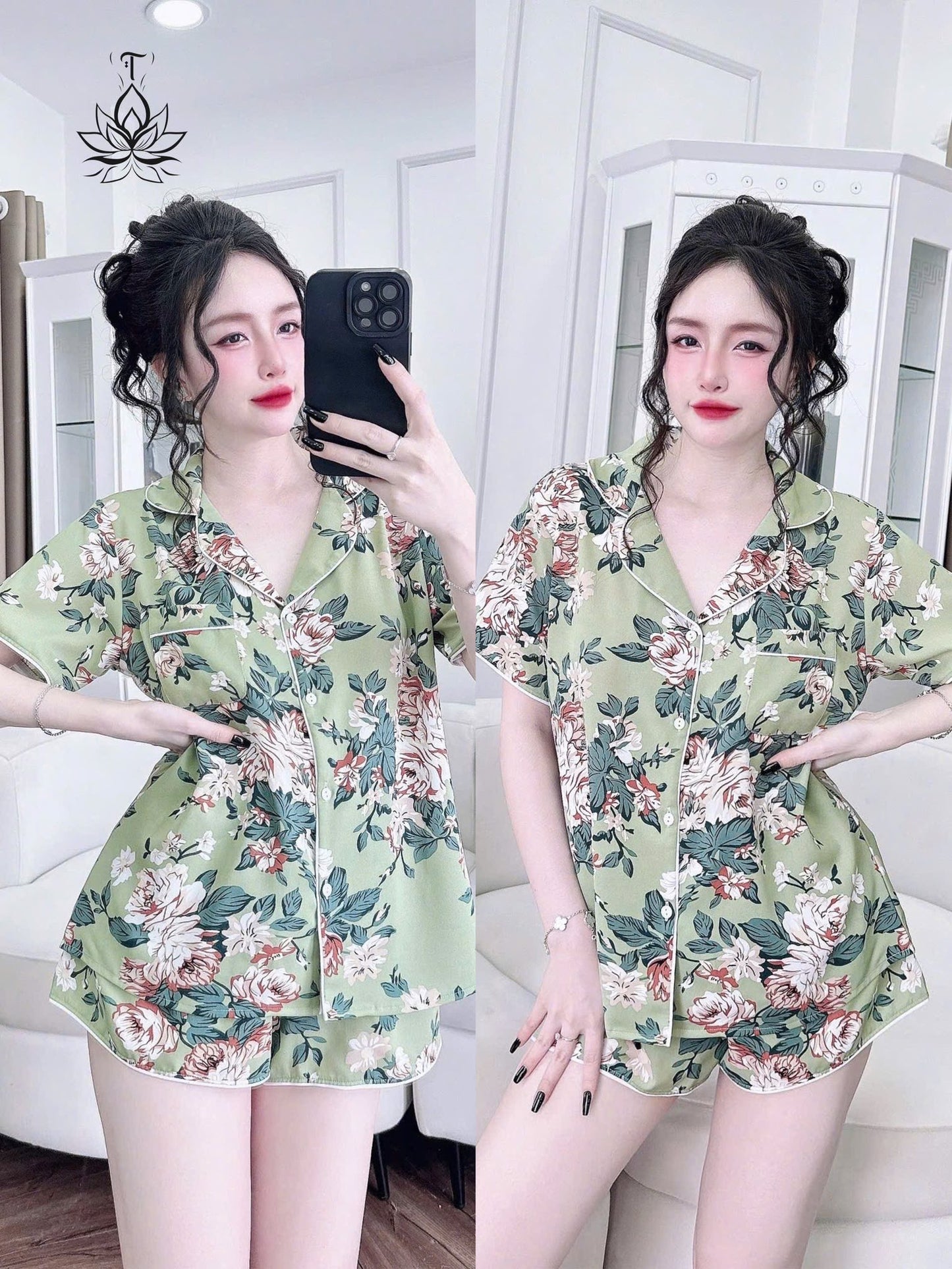 Bộ Pijama Đùi Ren Túi, Lụa Tơ Tằm Cao Cấp