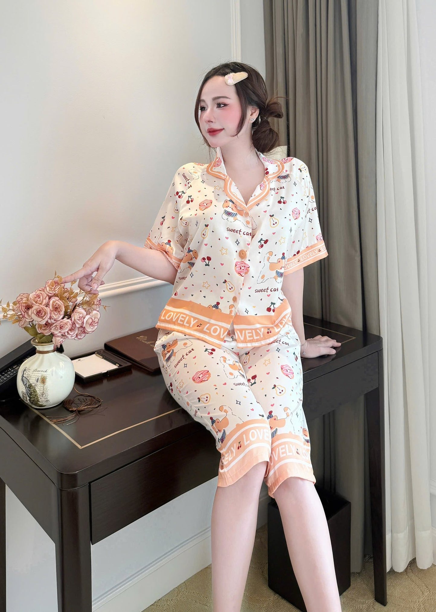 Pijamas quần lửng cao cấp lụa latin