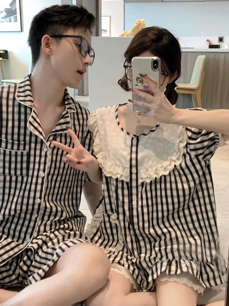 Đồ ngủ đôi ngắn caro viền bèo 2 bộ chỉ 65$
