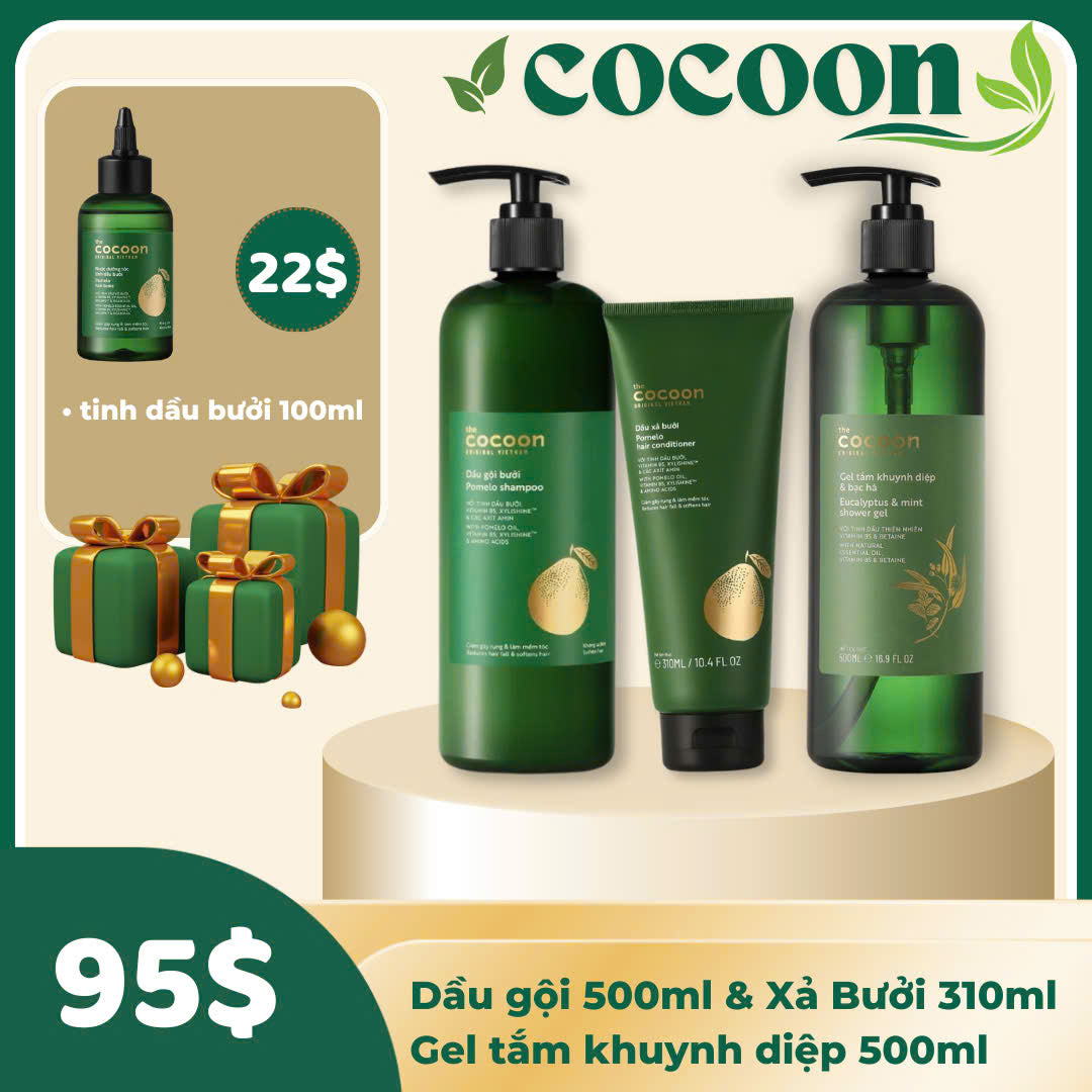 Combo Cocoon 3 món Bộ gội xả bưởi + Gel tắm khuynh diệp bạc hà - Tặng tinh dầu bưởi có sẵn