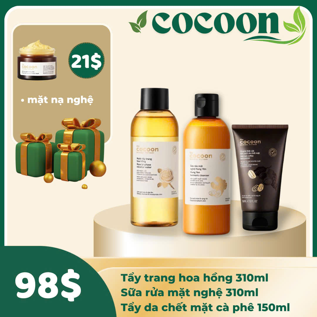 Combo Cocoon 3 món Tẩy trang + SRM + Tẩy da chết - Tặng mask nghệ