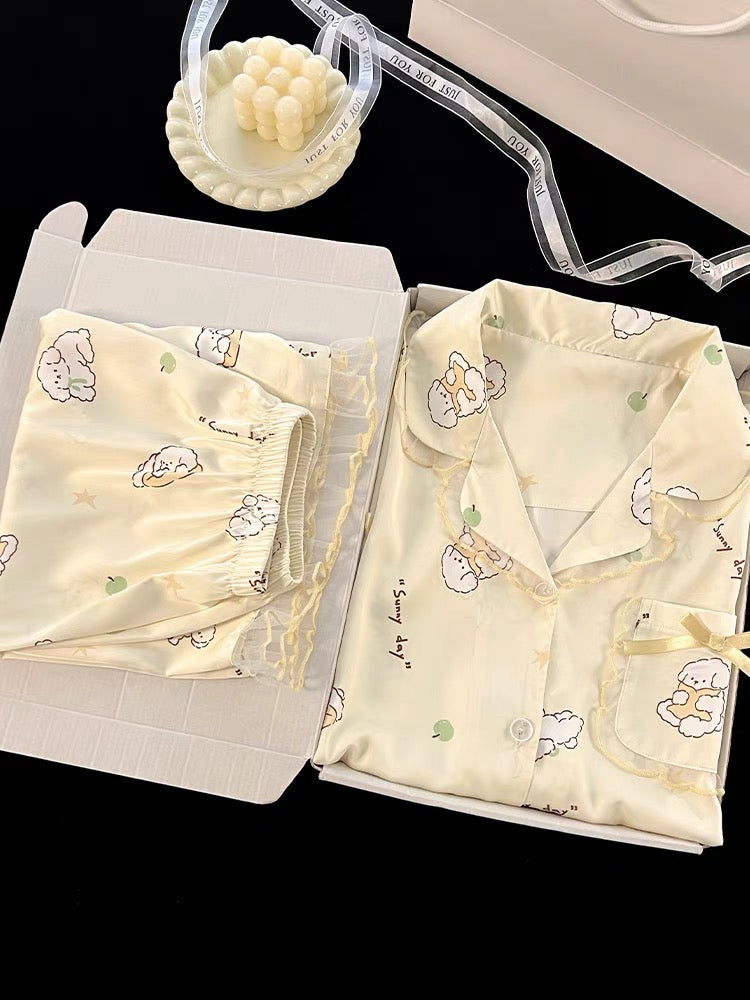 Pijama ngắn phối voan vàng pastel hình cún
