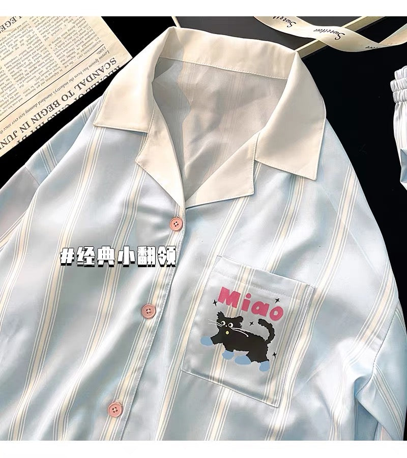 Pijama dài xanh sọc trắng hình mèo Miao