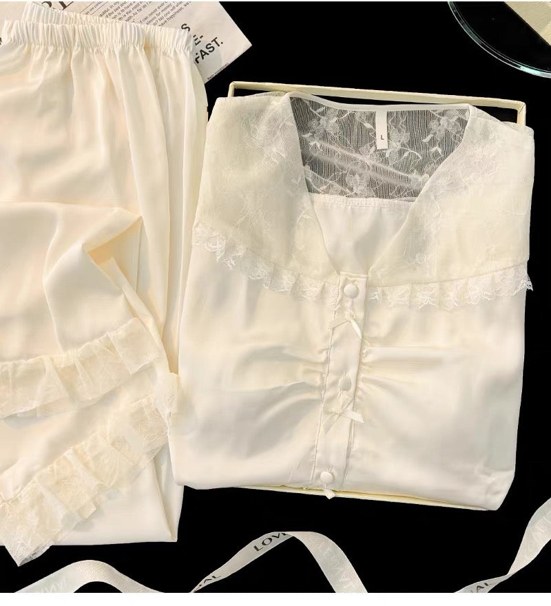 Pijama lụa dài phối ren vai