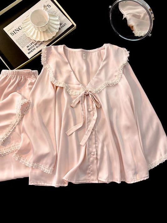 Pijama dài hồng cột nơ tiểu thư