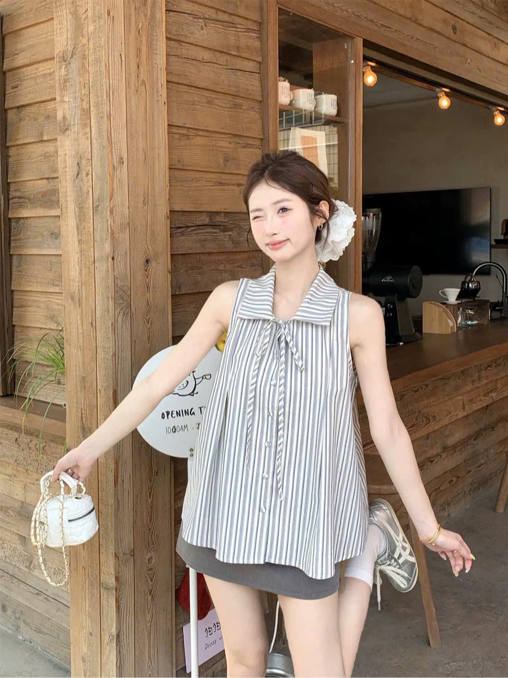 Áo babydoll kẻ sọc cổ sơ mi cột nơ