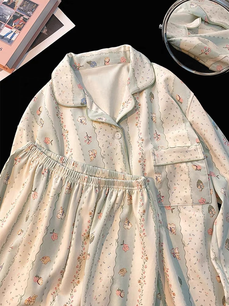 Pijama dài cotton sọc xanh thỏ hoa