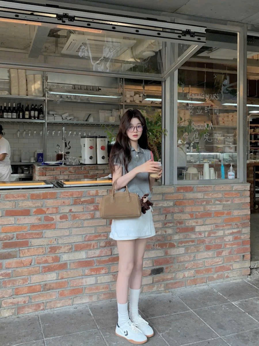 Set áo polo dệt mix chân váy